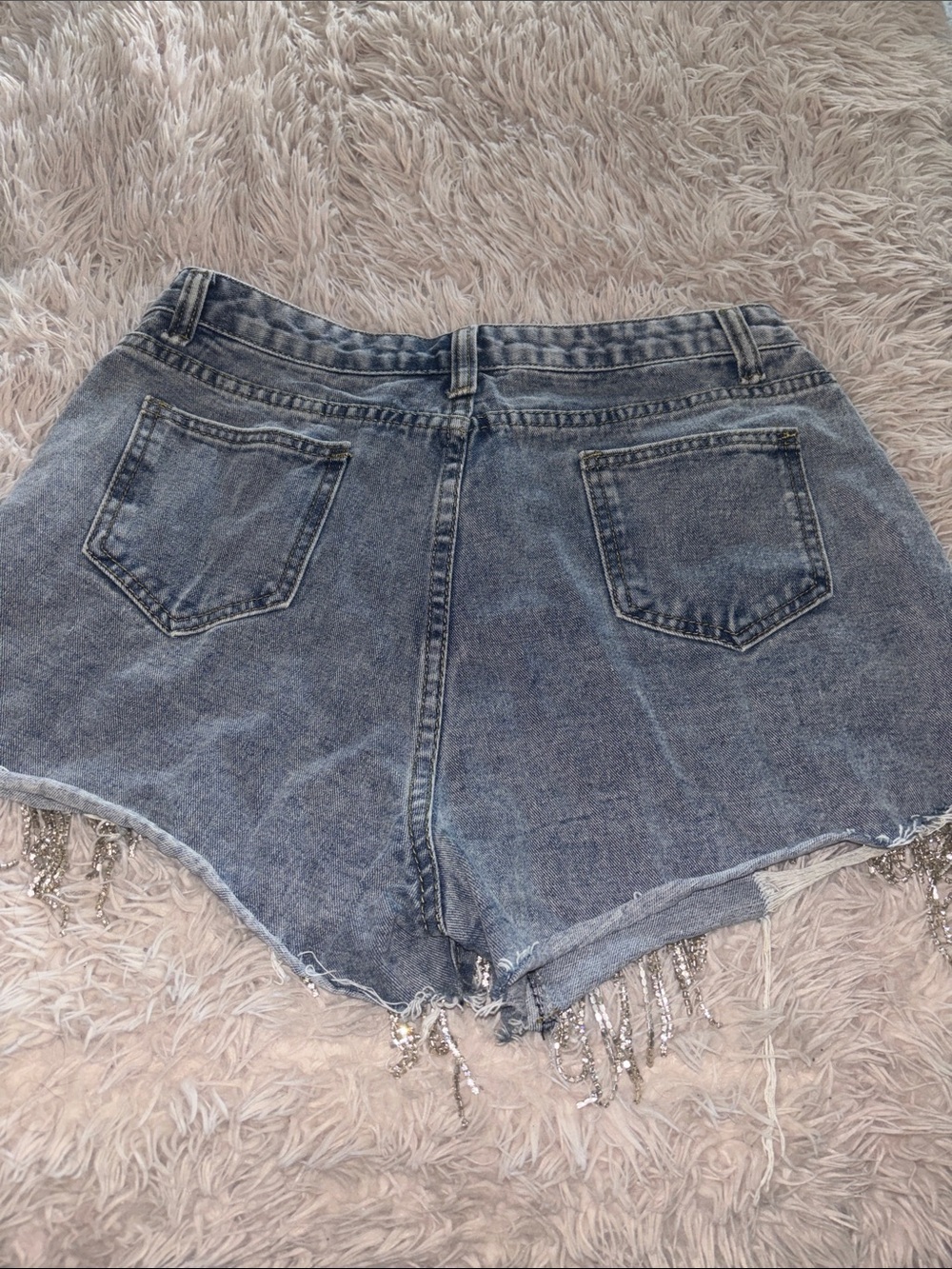 N1 Distressed Denim Shorts with Rhinestone Fringe - Picture 6 of 6